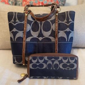 Coach Vintage denim tote with brown leather handles and matching wallet.